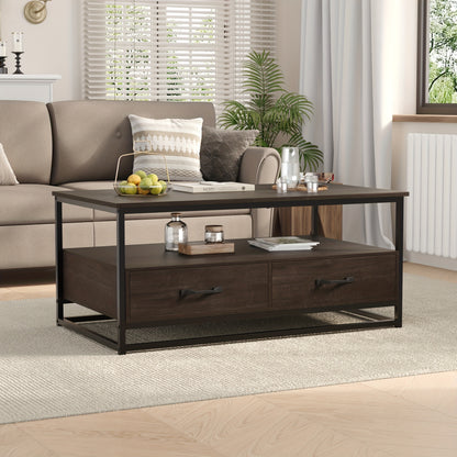 Salontafel – Koffietafel – Bijzettafel – Houten Tafel – Vintage Tafel – Metaal En Hout – 105x58x48 cm – 2 Lades En Open Plank