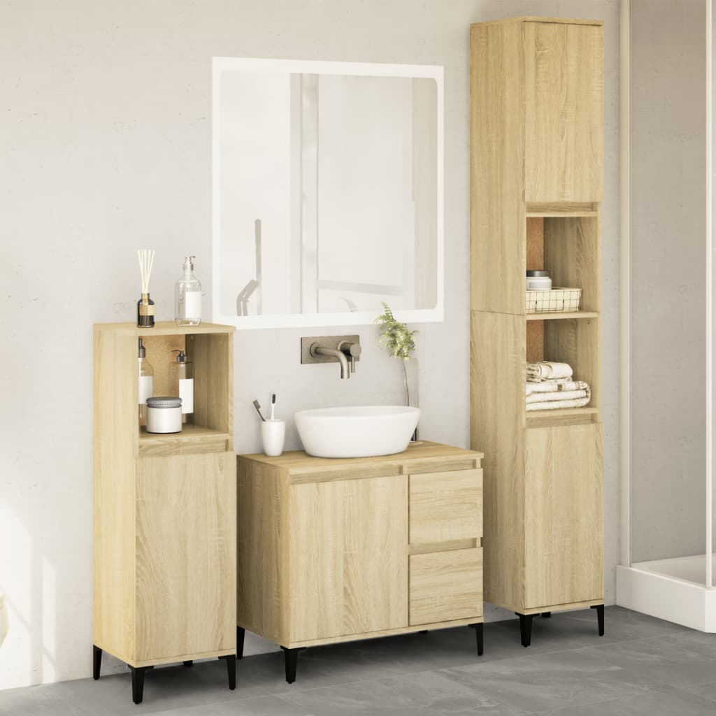 Badkamermeubelset – Badmeubel – Wastafelmeubel – Onderbouwkast – Spiegelkast – Sonoma Eiken Kleur – Duurzaam Hout Met Metalen Poot