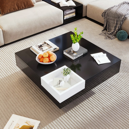Salontafel – Koffietafel – Tafel – Woonkamertafel – Hoogglans Tafel – Verwijderbare Opbergbox – Ingebouwde Verlichting – 72x72x30 cm – Zwart/Wit