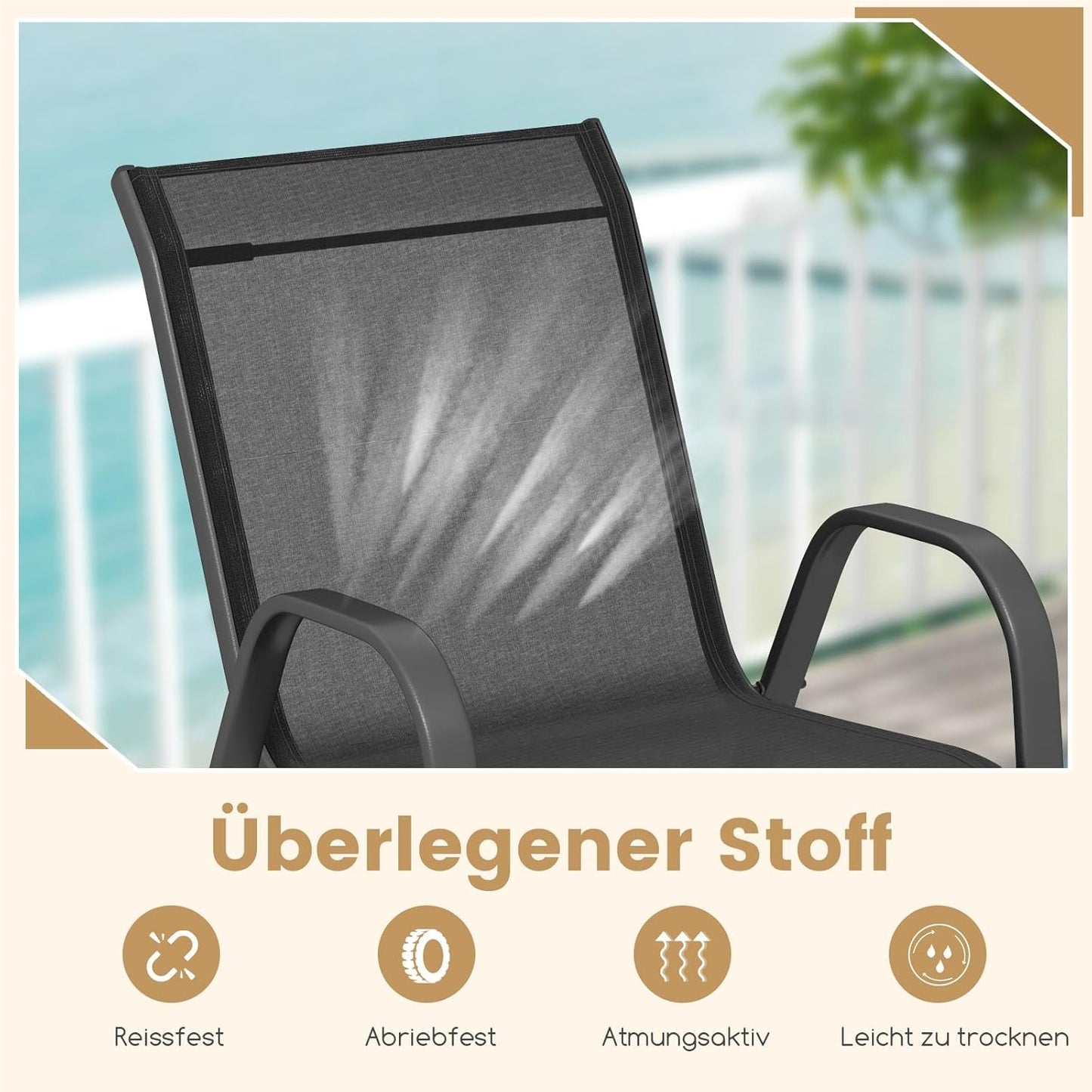Tuinstoelen – Tuinstoelen – Balkonstoelen – Terrasstoelen – Stapelbare Stoelen – Metalen Frame – Ergonomisch Met Armleuningen – Draagvermogen 150 kg – Zwarte Textiel Bekleding