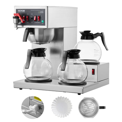 Filterkoffiemachine – Koffiezetapparaat – Drip koffiezetter – Commerciële koffiemachine – Horecakoffiemachine – 12 koppen capaciteit – 3 glazen kannen met warmhoudplaat