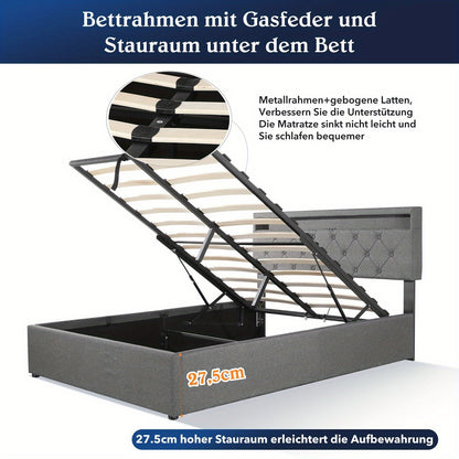 Boxspringbed – Boxspring – Bed – Bedframe – Boxspringbed Met Opbergruimte – 140x200 cm – Stof Linnen – Hydraulische Opbergruimte – LED Hoofdbord