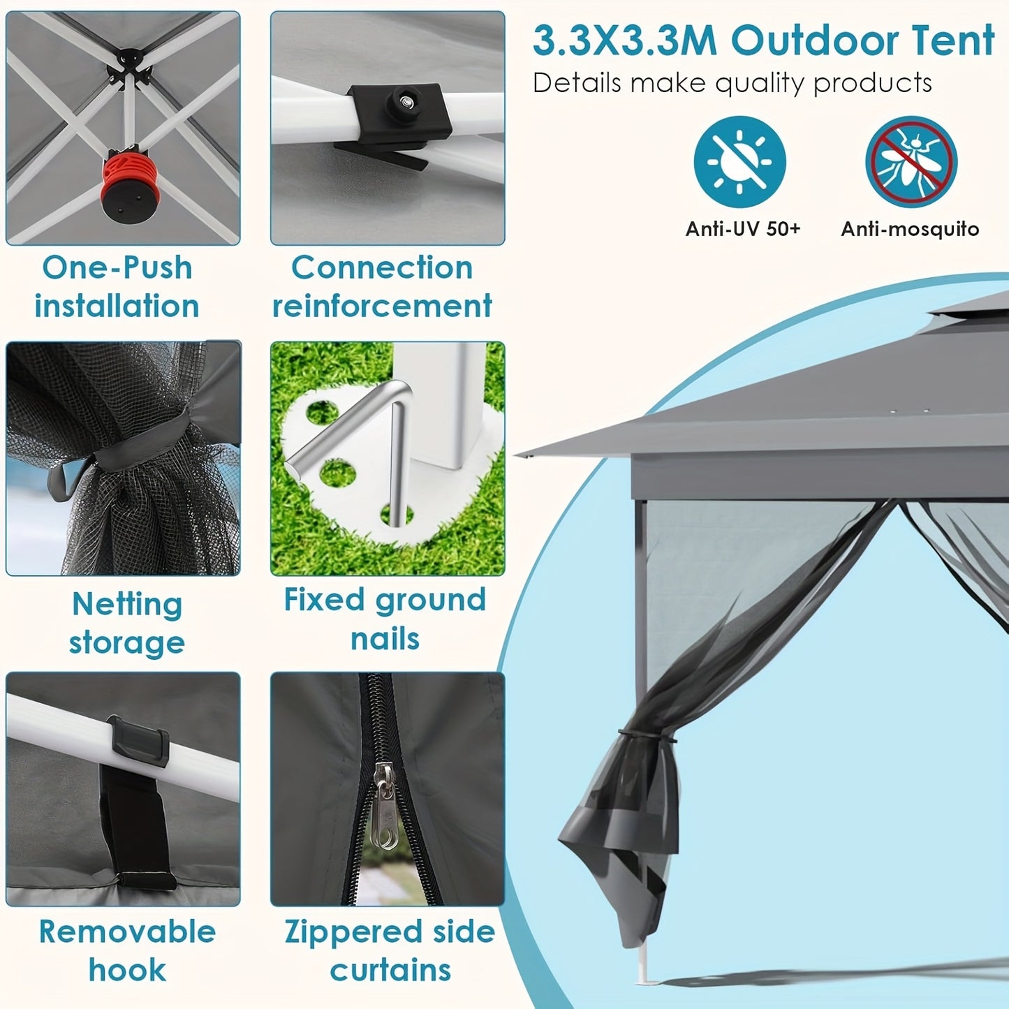 Partytent – Paviljoen – Feesttent – Tuintent – Vouwtent – 3x3 Meter – 4 Muskietennetten – UPF 50+ Zonbescherming