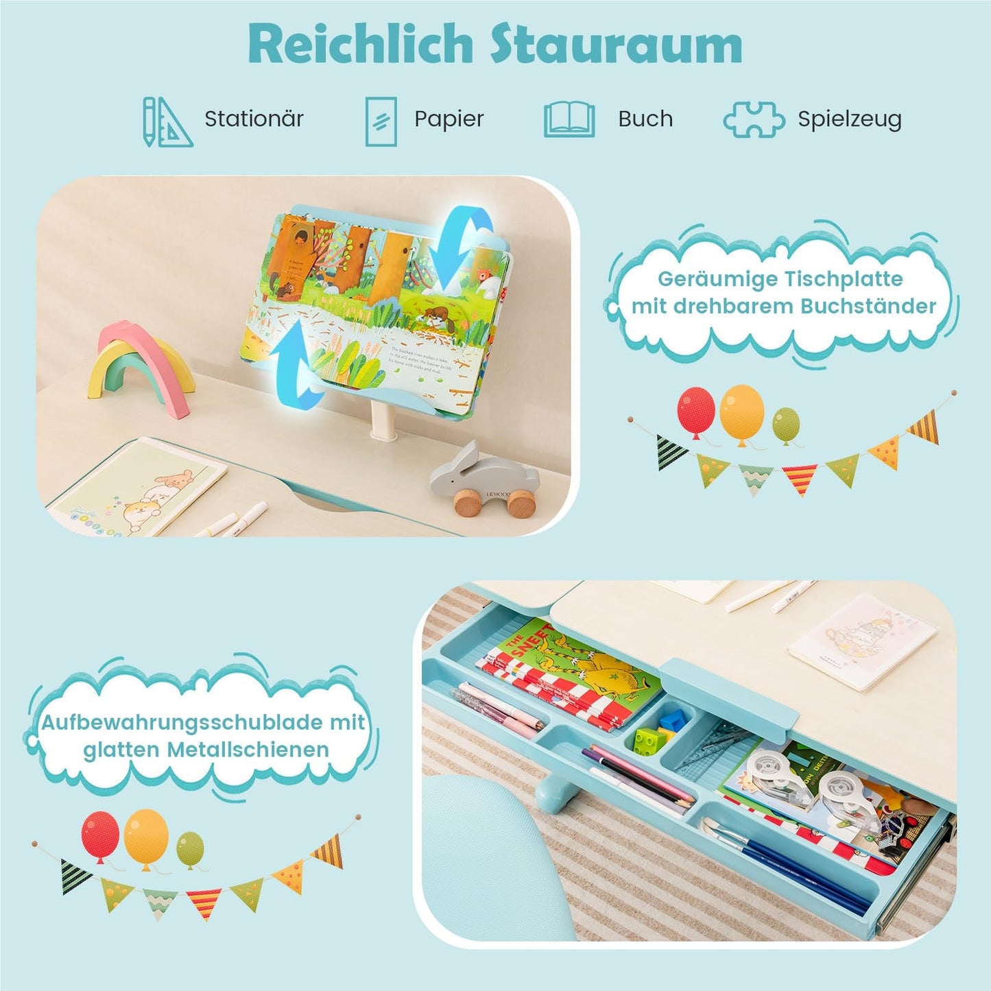 Kinderbureau – Kindertafel – Jeugdbureau – Tekentafel – Schoolbureau – Verstelbaar in Hoogte 51-73 cm – Kantelbaar Werkblad 0-60° – Opberglade Met Boekenplank – Blauw