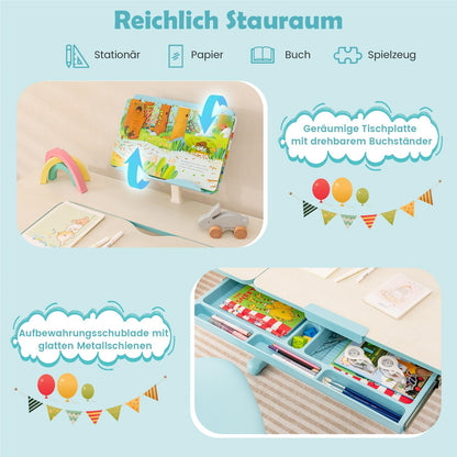 Kinderbureau – Kindertafel – Jeugdbureau – Tekentafel – Schoolbureau – Verstelbaar in Hoogte 51-73 cm – Kantelbaar Werkblad 0-60° – Opberglade Met Boekenplank – Blauw