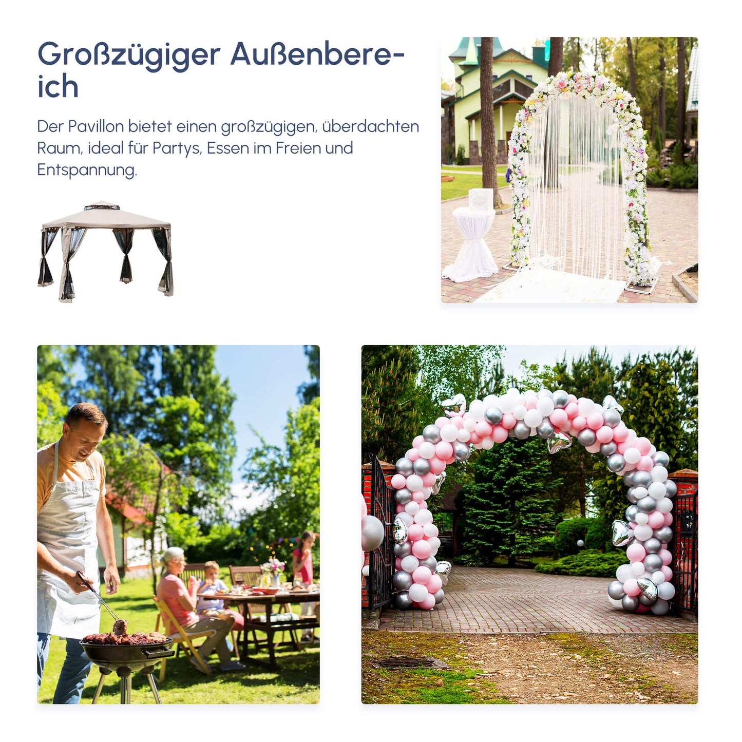 Partytent – Tuinpaviljoen – Tuinkamer – Tent – Overkapping – Grijs – Weerbestendig Stalen Frame – Hoogwaardige Polyester Bekleding – 2,94 x 2,94 m
