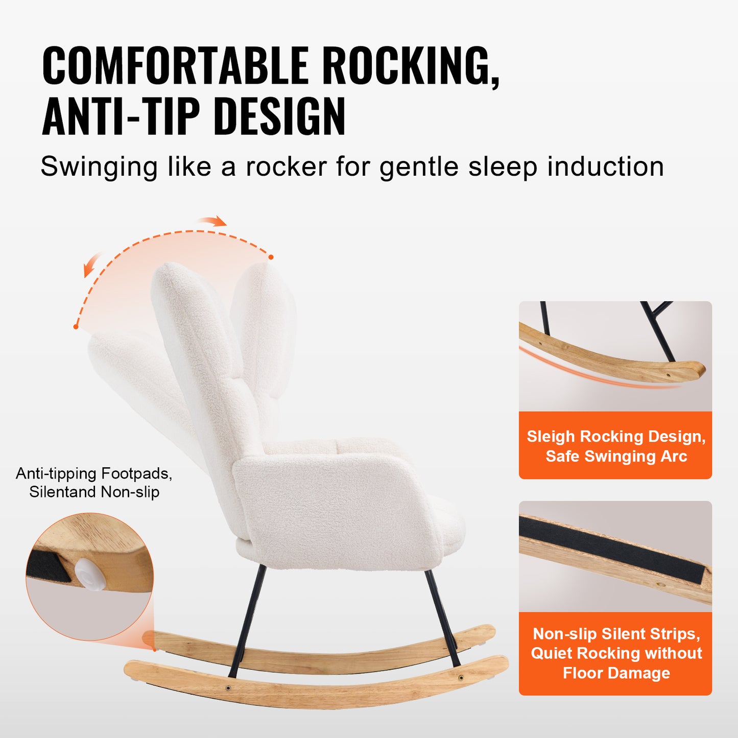 Schommelstoel – Schommelstoel Voor Babykamer – Wiegstoel – Relaxstoel – Nursing Chair – Zacht Teddy-Stof – Stevig Rubberhout Frame – Ivoor Wit