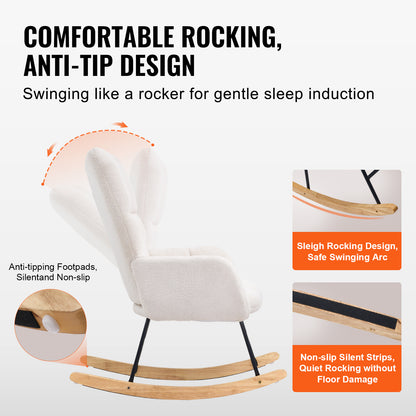Schommelstoel – Schommelstoel Voor Babykamer – Wiegstoel – Relaxstoel – Nursing Chair – Zacht Teddy-Stof – Stevig Rubberhout Frame – Ivoor Wit
