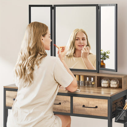 Kaptafel – Make-up Tafel – Cosmetische Tafel – Opmaaktafel – Visagie Tafel – Donker Hout & Zwarte Poten – 3 Laden en Driedelige Spiegel – Ingebouwde Haardrogerhouder – Met Krukje – Ruimtebesparend Design - QUORE