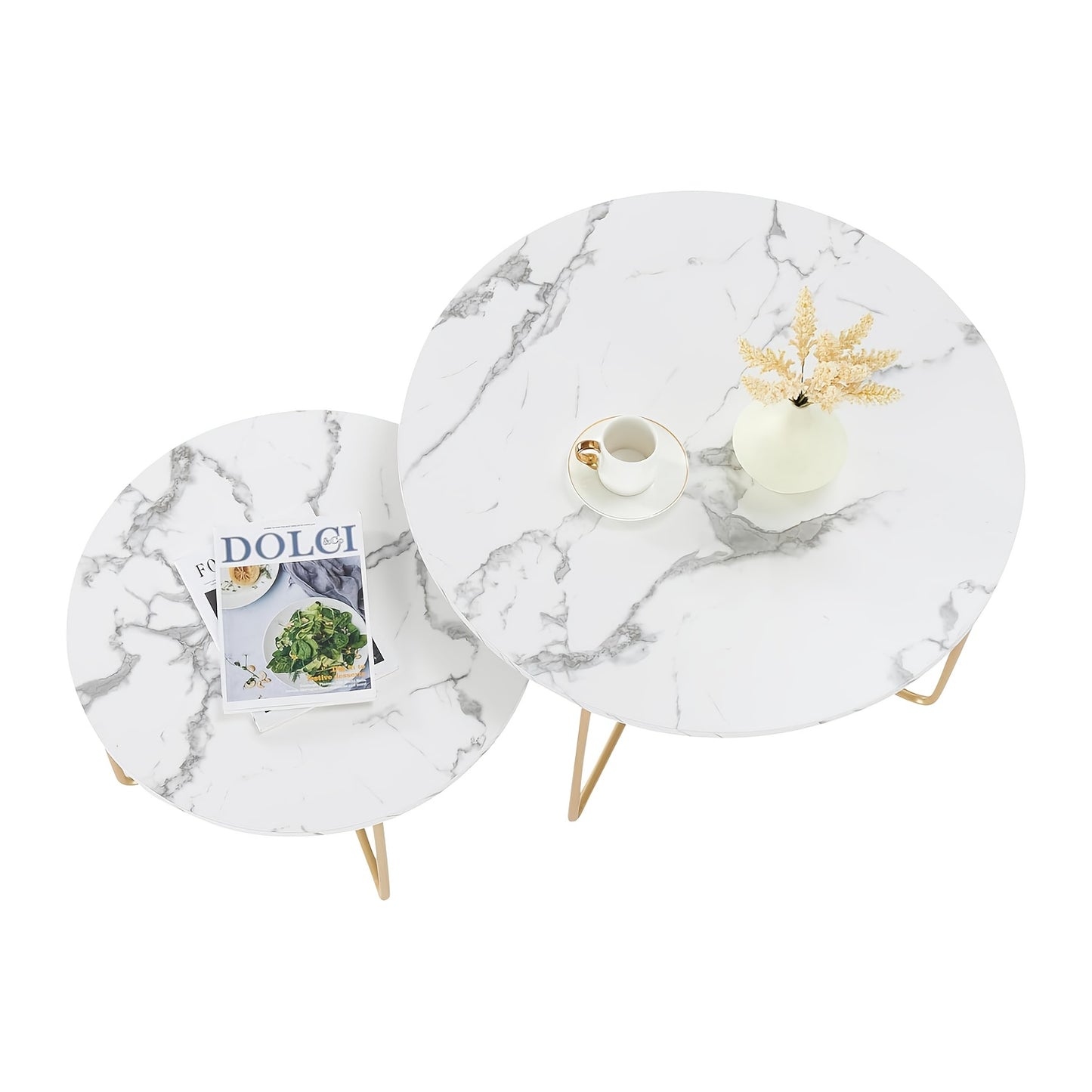 Ronde Salontafel – Bijzettafel – Koffietafel – Woonkamertafel – Tafeltjes Set – Wit Marmerlook – Goud Metaal – Makkelijk Schoon Te Maken – Multifunctioneel