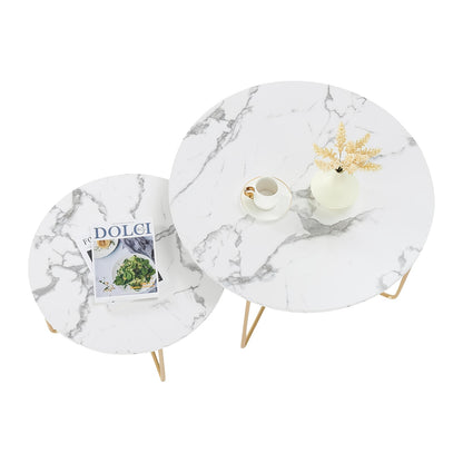 Ronde Salontafel – Bijzettafel – Koffietafel – Woonkamertafel – Tafeltjes Set – Wit Marmerlook – Goud Metaal – Makkelijk Schoon Te Maken – Multifunctioneel