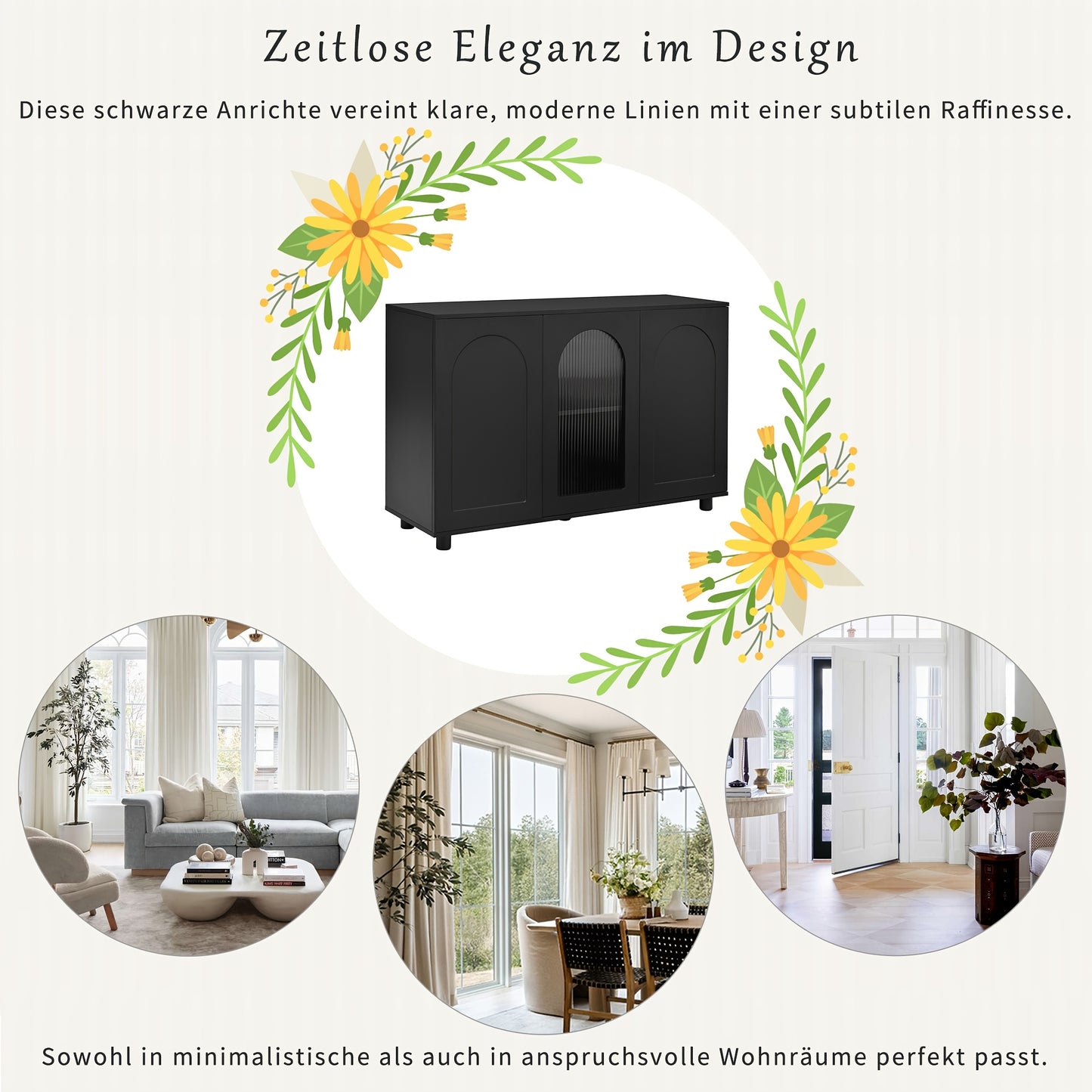 A Stylish And Black U-Shaped Storage Cabinet for The Entryway, Equipped with Compartments, Functioning As a Sideboard, And Showcasing Glass Doors Along with a Spring-Loaded Panel Design.
