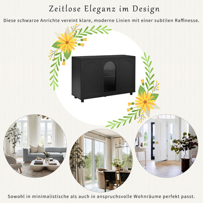 A Stylish And Black U-Shaped Storage Cabinet for The Entryway, Equipped with Compartments, Functioning As a Sideboard, And Showcasing Glass Doors Along with a Spring-Loaded Panel Design.
