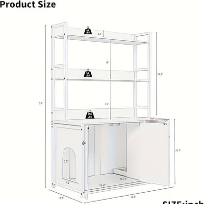 132.08cm Large Hidden Cat Litter Box Enclosure with 2 Doors - Wooden Cat House with Scratch Pad, Multi-Functional Storage Cabinet & Display Shelves, Space-Saving Indoor Cat Furniture for Climbing, Resting & Play, Modern Pet F