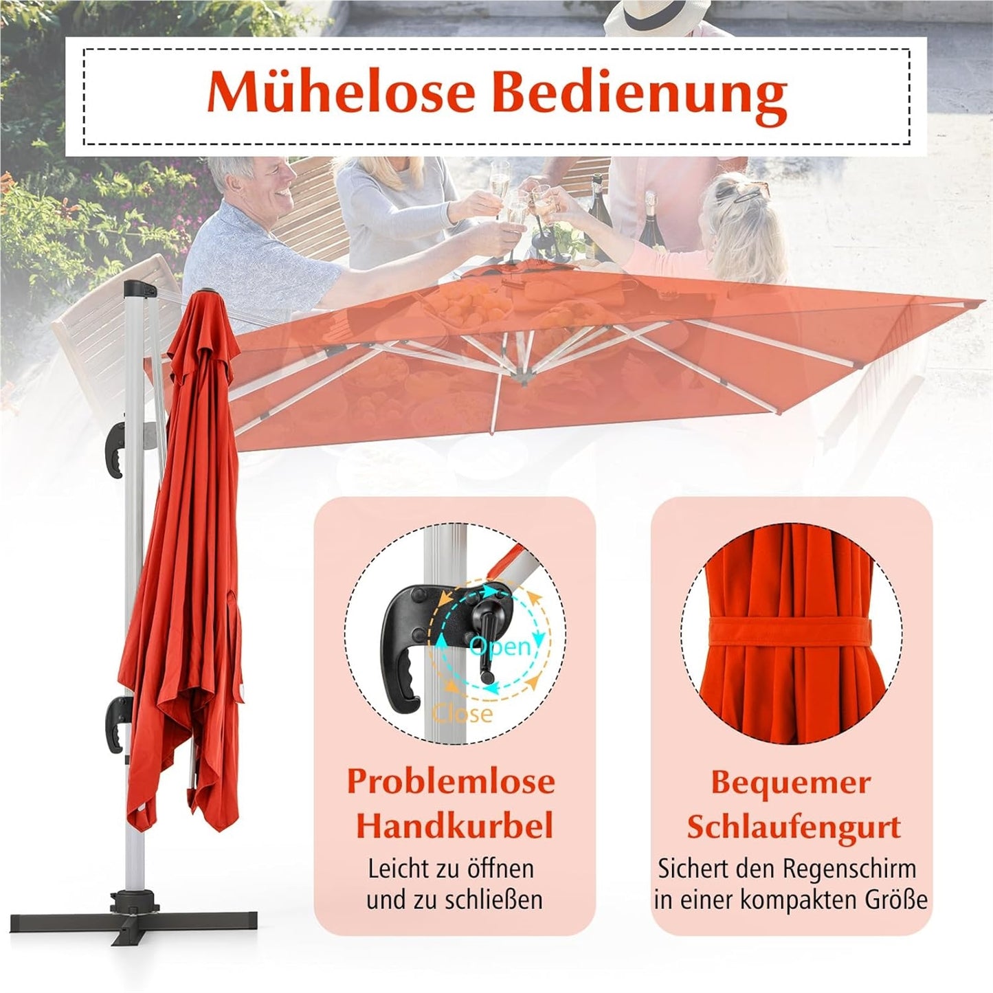 Rechthoekige Parasol – Terrasparasol – Tuinparasol – Marktparasol – Vlagparasol – 300 x 300 cm – 360° Draaibaar – Verstelbare Kantelfunctie – Rood