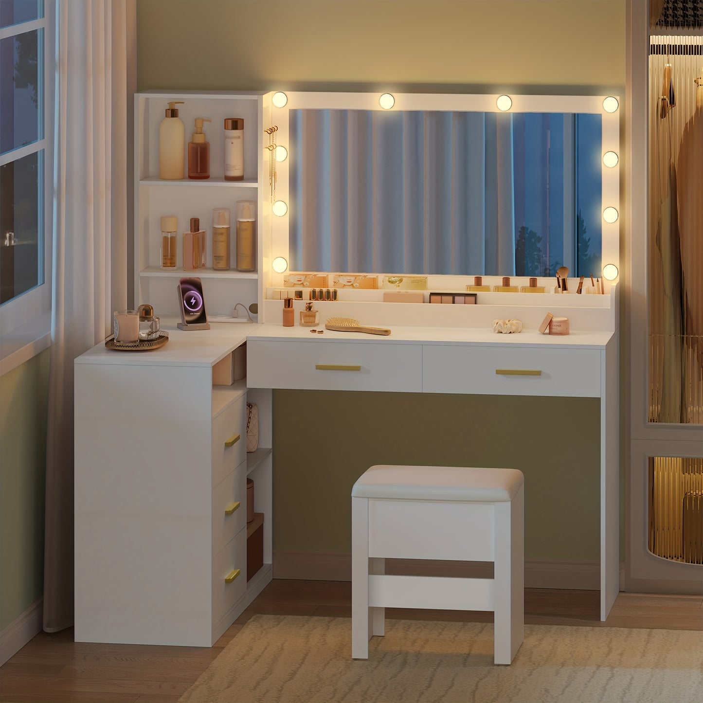 Corner Dressing Table with Stool, Large Mirror, 5 Drawers and Multiple Open Storage Shelves, 40 × 120 × 139cm, White