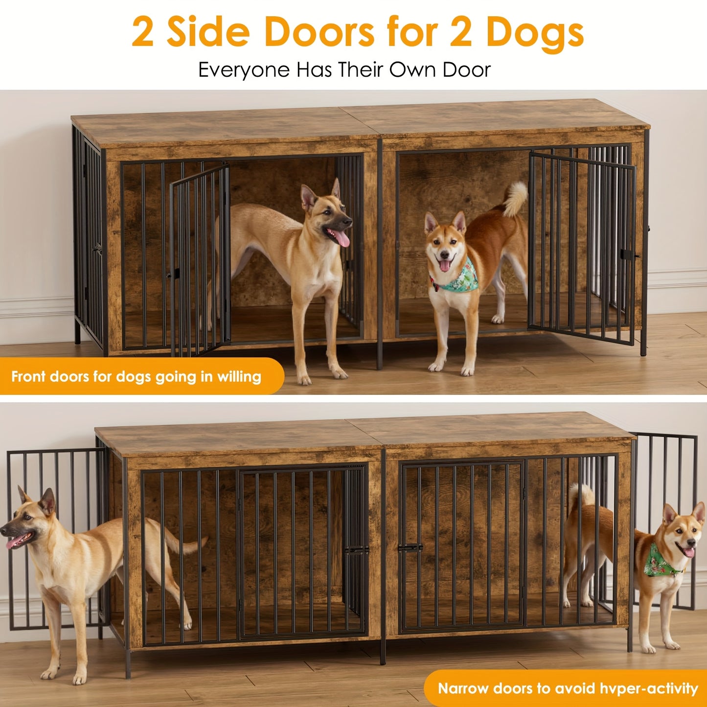 Hondenbench – Hondenkooi – Hondenhuis – Bench Voor Grote Honden – Hondenhok – Houten Bench Met Scheidingswand – 2 Zijdeuren – 200x70x85 cm – Stevig Hout En Metaal