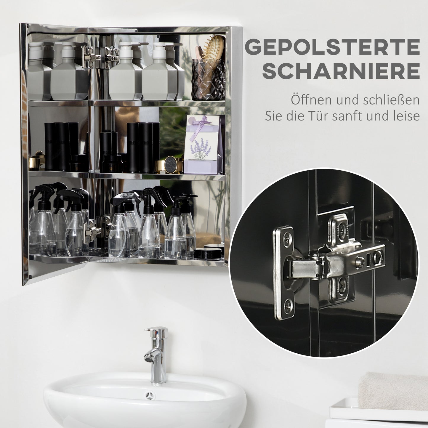 Badkamerspiegel – Spiegelkast – Badkamerkast – Wandspiegel – Opbergkast – Roestvrij Stalen Frame – 39x12x60 cm – 3 Planken