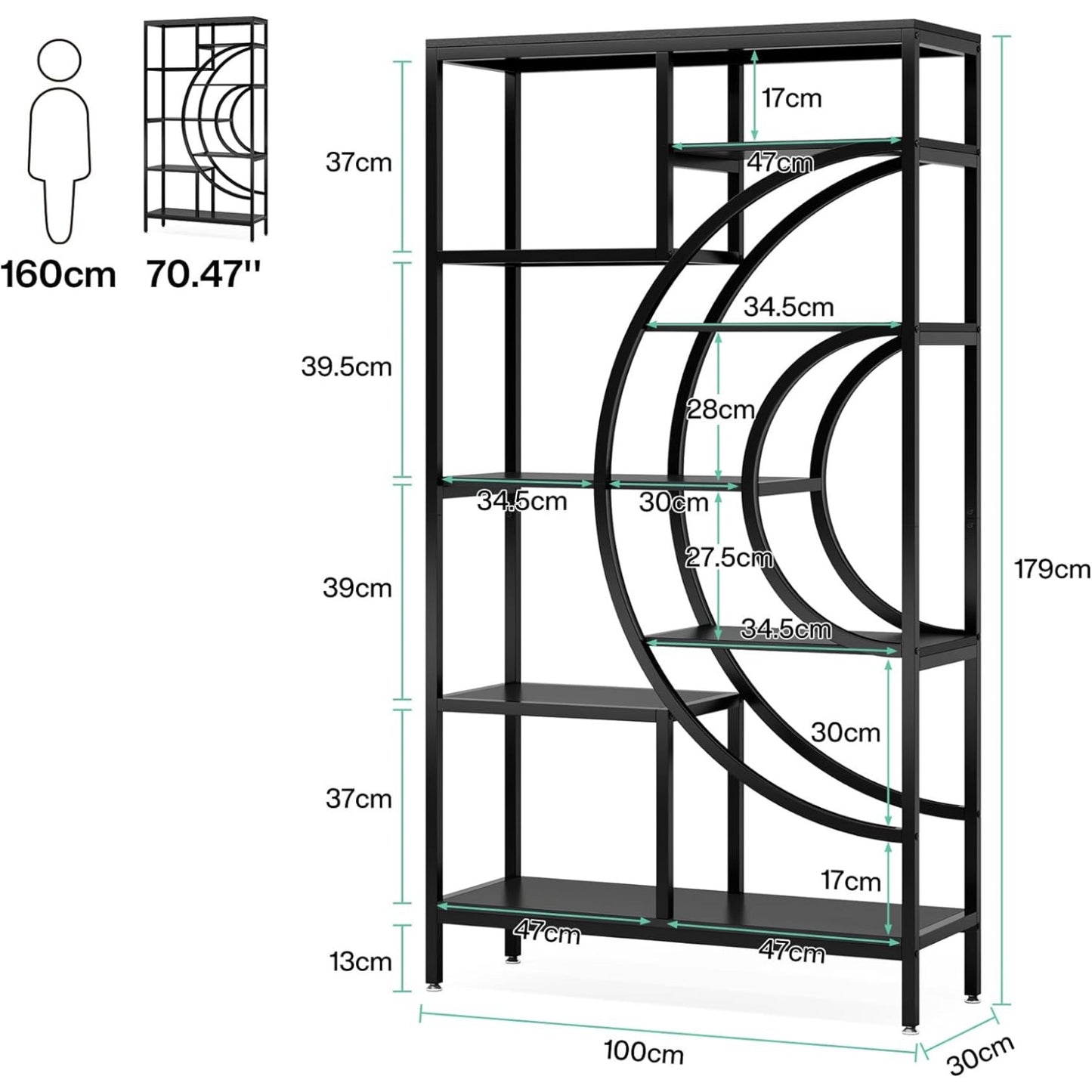 Boekenkast – Boekplank – Boekenrek – Opbergkast – Vakkenkast – Industriële Metalen Frame – 8 Vakken – 179 cm Hoog – Open Geometrisch Design – Zwart/Eikenhouten Planken