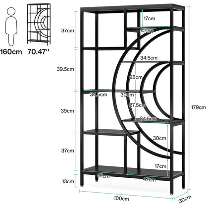 Boekenkast – Boekplank – Boekenrek – Opbergkast – Vakkenkast – Industriële Metalen Frame – 8 Vakken – 179 cm Hoog – Open Geometrisch Design – Zwart/Eikenhouten Planken