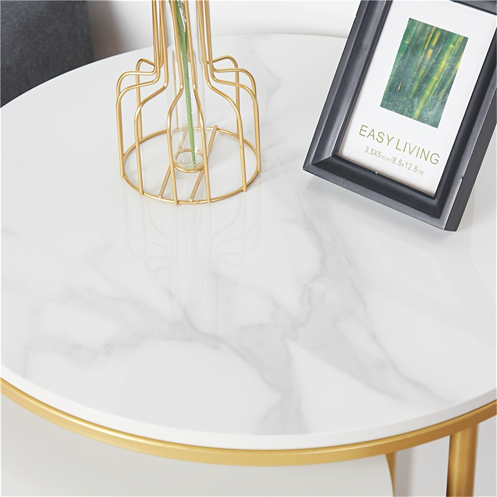 Salontafel – Bijzettafel – Koffietafel – Tafeltje – Nesting Table – Modern Rond Design – Wit Sintersteen Blad – Gouden Metalen Frame