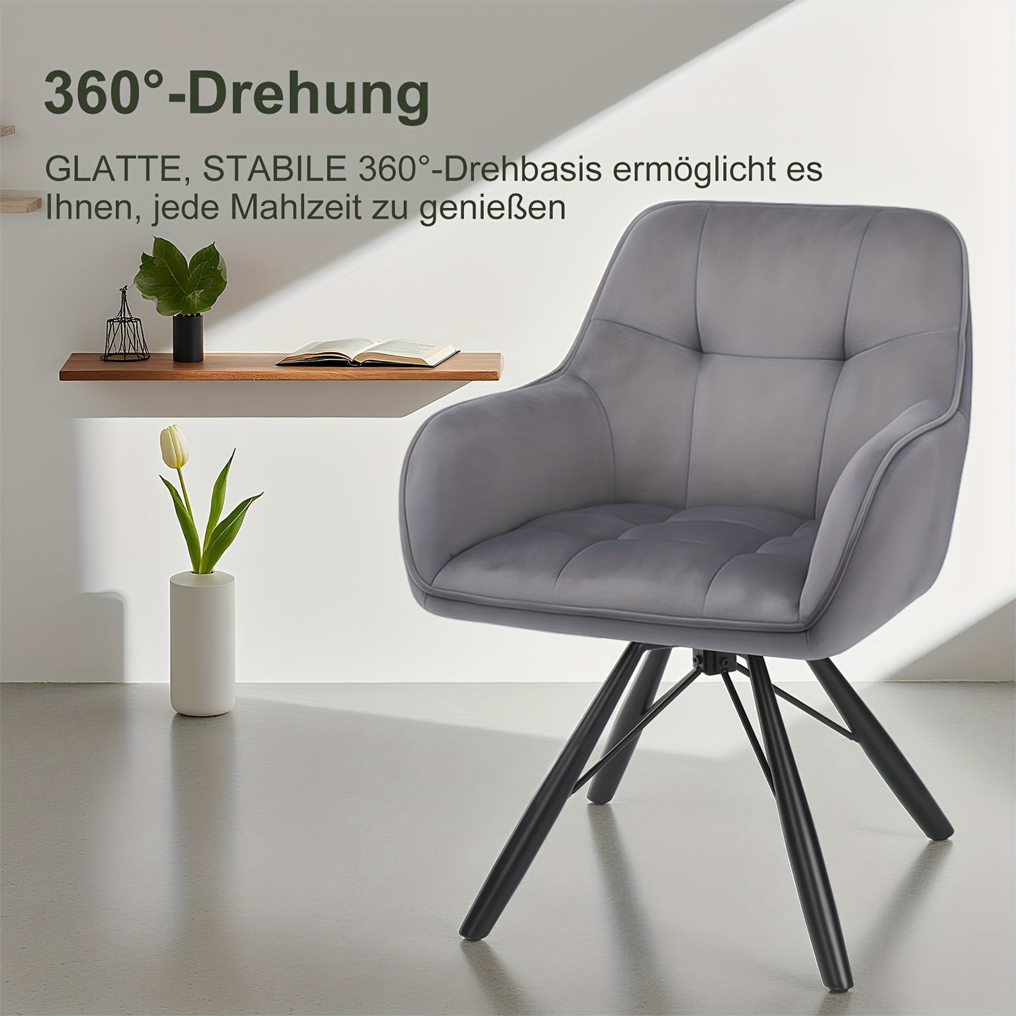 Draaibare Eetkamerstoel – Fluwelen Zitting – 360° Swivel – Grijs/Zwart