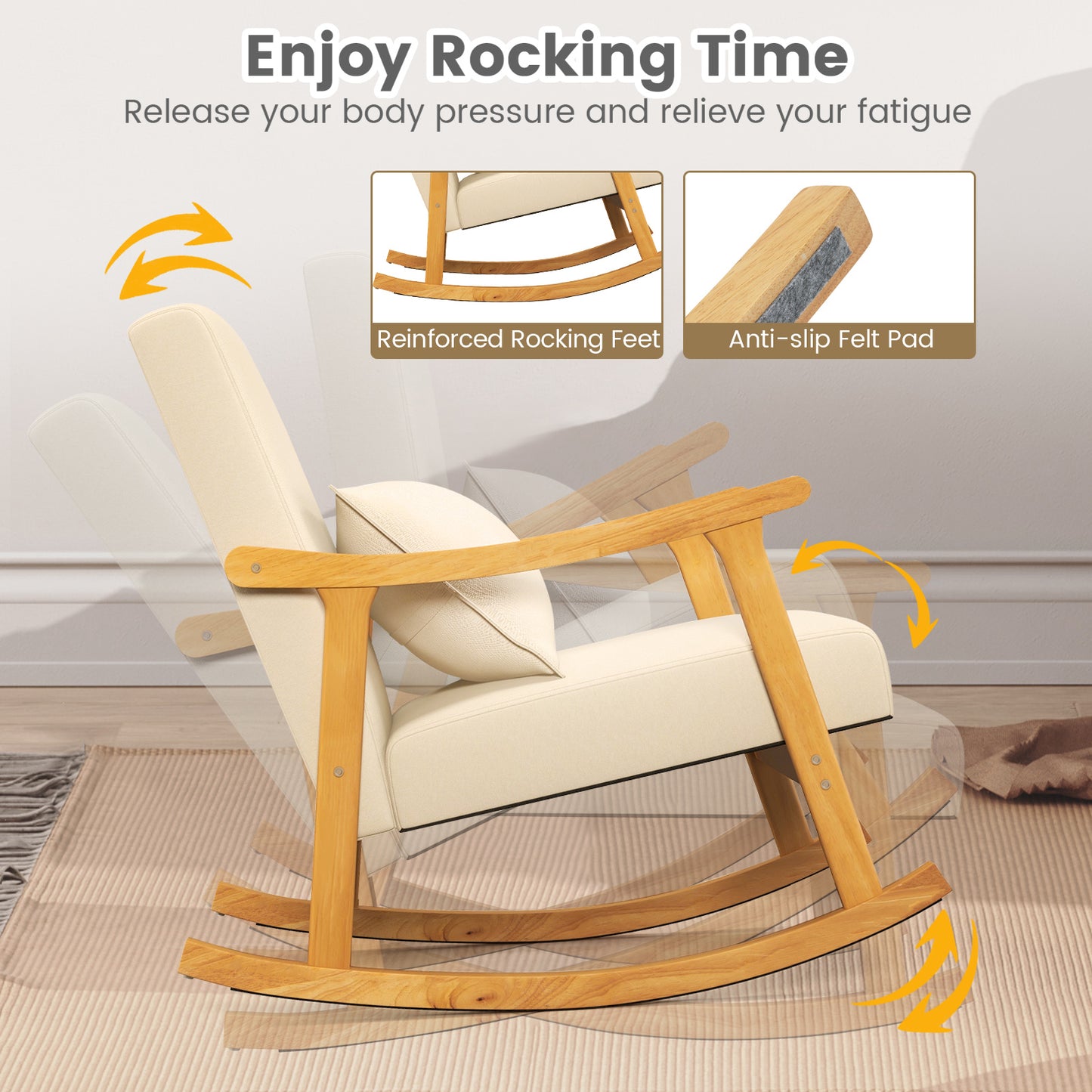 Schommelstoel Kinderkamer – Rocking Chair – Schommelstoel Baby – Wiegstoel – Kinderstoel – Hoog Rugleuning – Natuurlijk Rubberhout Frame – Padded Zitkussen – Inclusief Lumbar Kussen – Beige