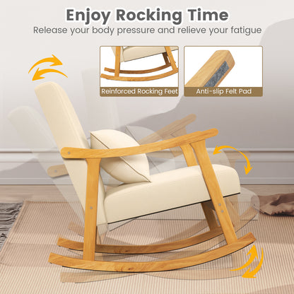 Schommelstoel Kinderkamer – Rocking Chair – Schommelstoel Baby – Wiegstoel – Kinderstoel – Hoog Rugleuning – Natuurlijk Rubberhout Frame – Padded Zitkussen – Inclusief Lumbar Kussen – Beige