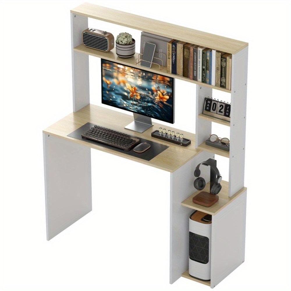 Bureau – Computerbureau – Werktafel – Studiebureau – Tafel – Wit Met Eikenhout – Met CPU-Standaard En Open Vakken – Stevig Stalen Frame