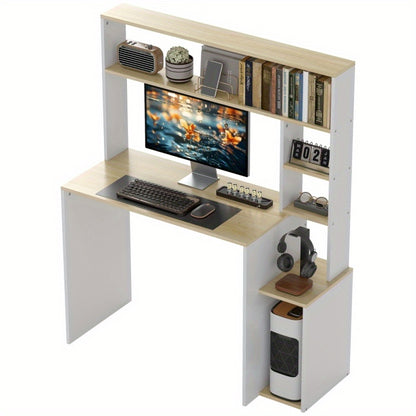Bureau – Computerbureau – Werktafel – Studiebureau – Tafel – Wit Met Eikenhout – Met CPU-Standaard En Open Vakken – Stevig Stalen Frame