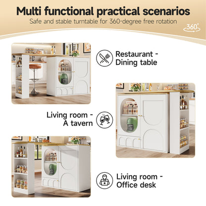 Barkruktafel – Bartafel – Bistrotafel – Statafel – Keukentafel – 360° Draaibaar – Hoog 138x39x102 cm – Wit met Walnoot – Drie Deuren met Opbergruimte – Verwijderbare Tussenwanden