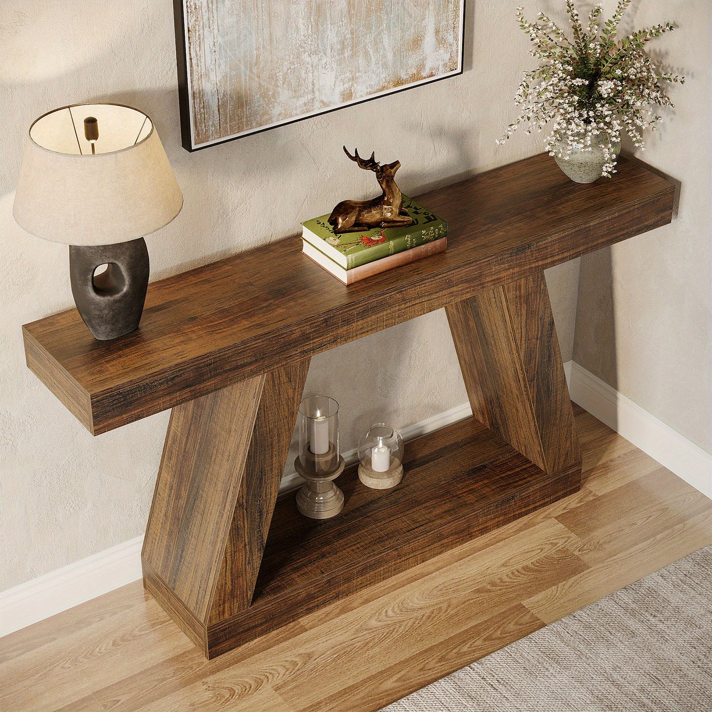 Sidetable – Sidetable Met Opbergruimte – Sofa Tafel – Haltafel – Woonkamertafel – Donkerbruin Rustiek – 139,7 cm Lang – Inclusief Vlochten Opbergbak