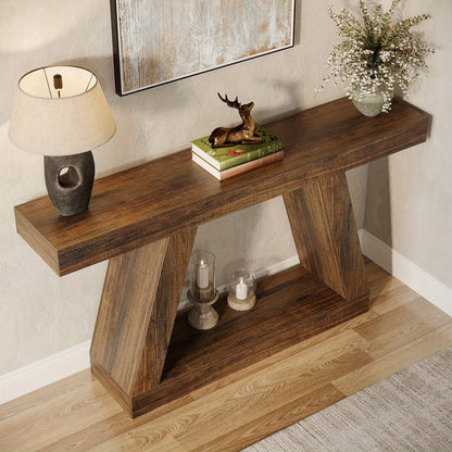 Sidetable – Sidetable Met Opbergruimte – Sofa Tafel – Haltafel – Woonkamertafel – Donkerbruin Rustiek – 139,7 cm Lang – Inclusief Vlochten Opbergbak