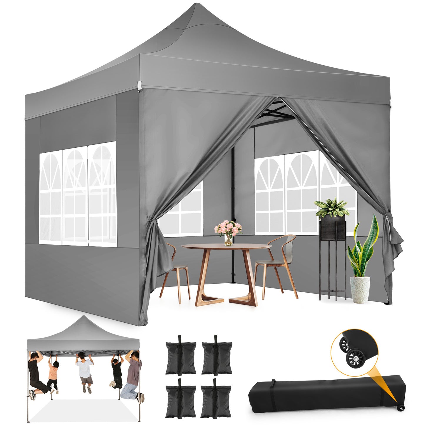 Pop-up Tent – Vouwtent – Partytent – Markttent – Zonnetent – 3,05 x 3,05 Meter – 4 Zijwanden – 3 Hoogte-instellingen – Draagtas Met Wieltjes – Snel Opzetbaar – Waterafstotend