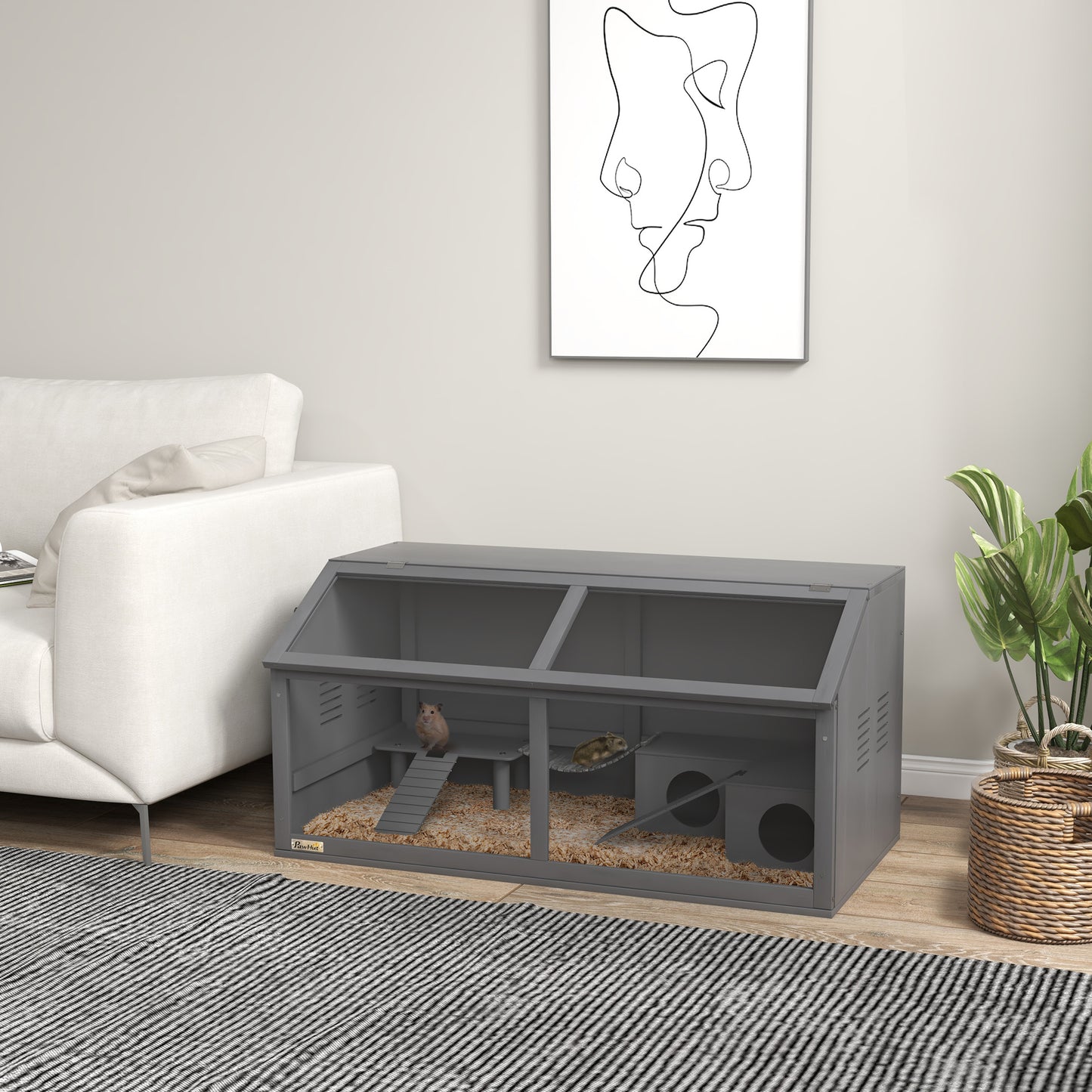 Knaagdierkooi – Kleine Dieren Kooi – Hamsterkooi – Gerbil Kooi – Muis Kooi – Donkergrijs – Grenenhout Met Acryl Front – 100x52x50 cm – Inclusief Ladders, Platform En Schommelbrug