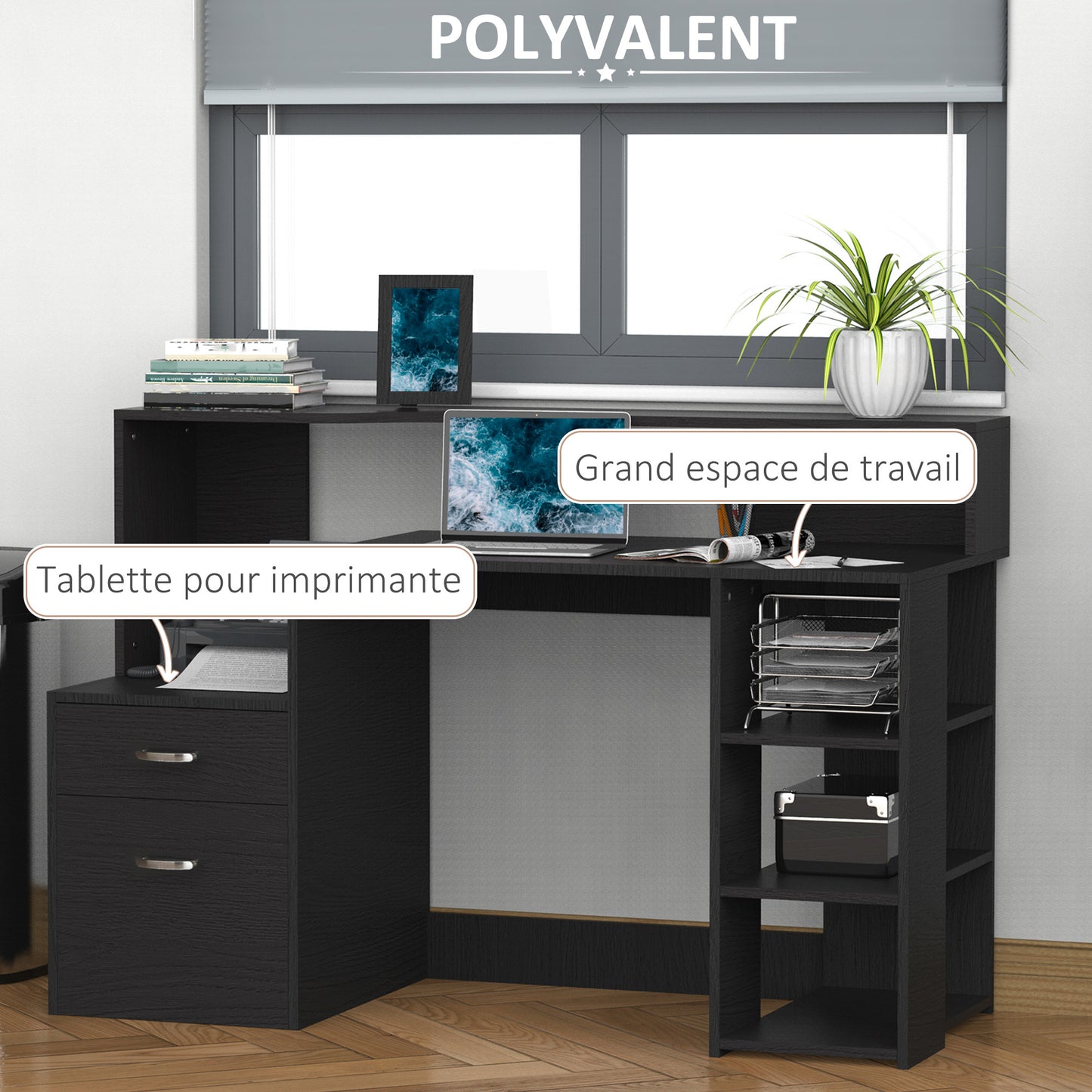HOMCOM Computer Desk Multimedia Design Multi-Tiered 137 L X 55 W X 92 H Cm Black