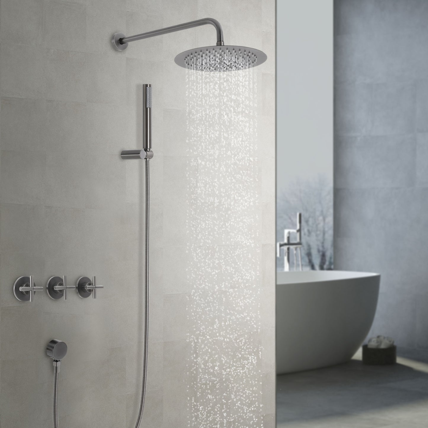 Douchekraan – Douchemengkraan – Doucheset – Thermostaatkraan – Handdouche – RVS – Regendouche 25 cm – Verstelbare Handdouche 45°