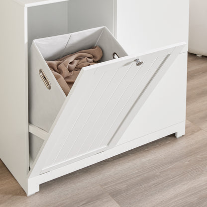 Wasmand – Wasbox – Wassorteerder – Waszak – Opbergmand – Smal Badkamerkastje – 3 Aparte Mandjes – Duurzaam Fleece & Hout – 78x38x90 cm