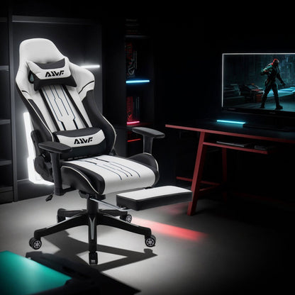 Gamingstoel – Gamestoel – Gaming Chair – Bureaustoel – Game Stoel – Ergonomisch Ontwerp – Verstelbare Lendensteun & Voetensteun – Draaibaar – Wit/Zwart