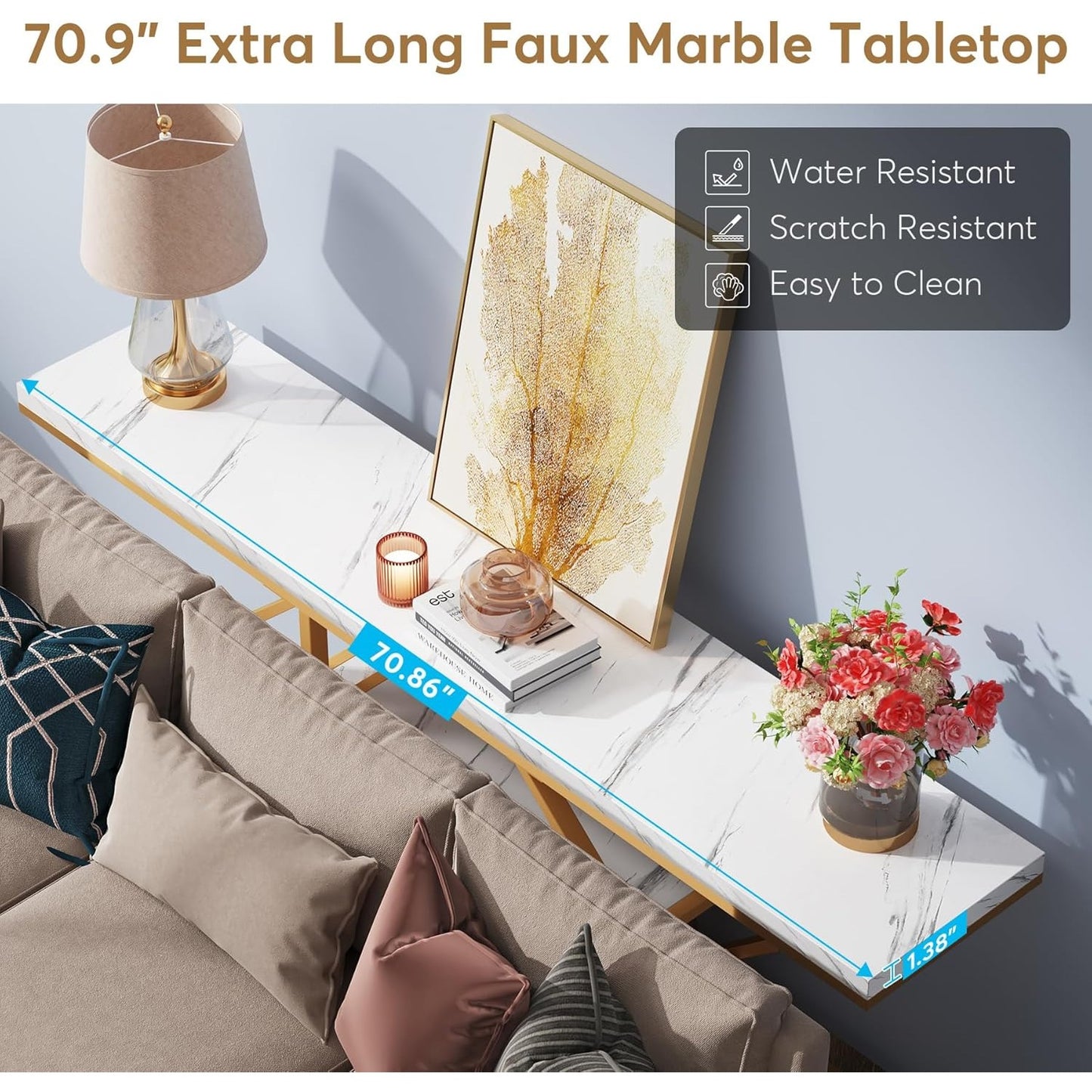 Sidetable – Consoletafel – Haltafel – Wandtafel – Bijzettafel – Extra Lang 180 cm – Wit Marmerlook Met Gouden Metalen Frame