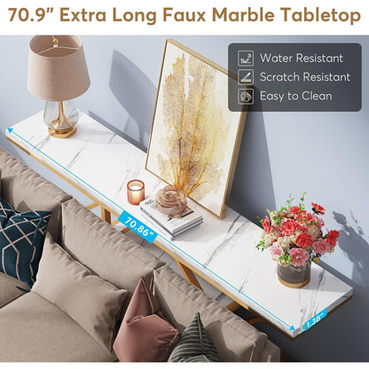 Sidetable – Consoletafel – Haltafel – Wandtafel – Bijzettafel – Extra Lang 180 cm – Wit Marmerlook Met Gouden Metalen Frame