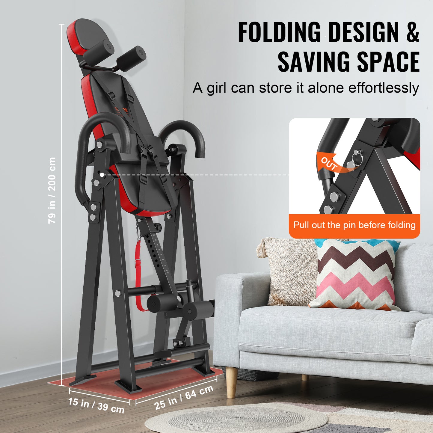 Omgekeerde Tafel – Inversietafel – Rugtrainer – Stretchtafel – Fitnessbank – Inklapbaar Ontwerp – Verstelbare Hoogte 150-190 cm – Robuust Stalen Frame – Veiligheidsgordels en Antislip Handgrepen – Rood/Zwart