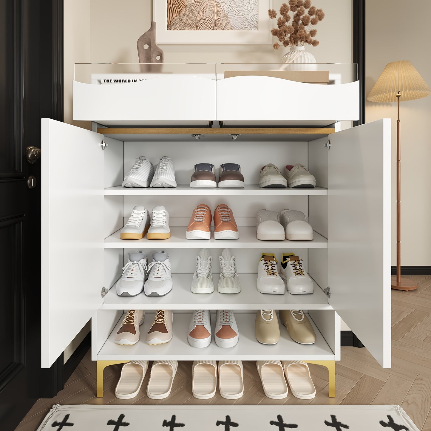 Schoenenkastje – Schoenenrek – Schoenenopberger – Schoenenkast – Schoenenhouder – Modern – Ruimtebesparend – Wit Metaal – Gouden Deur