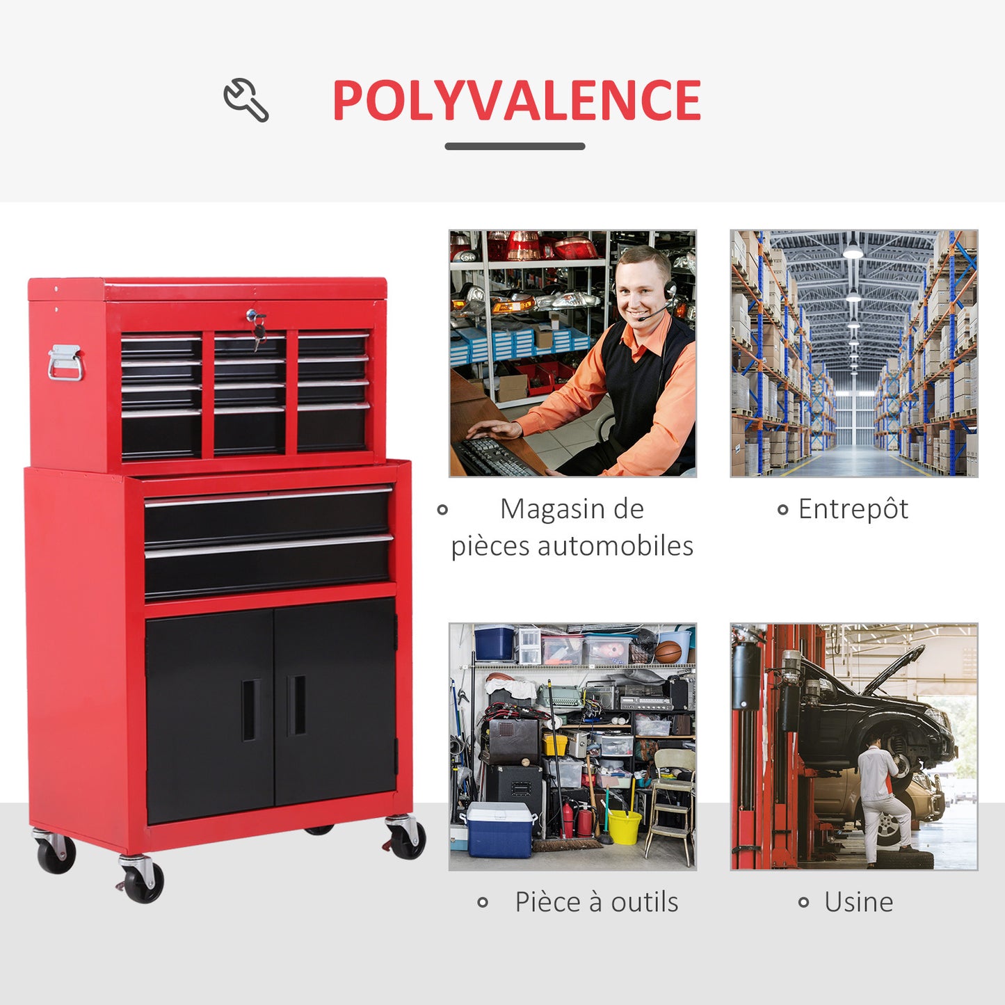 Werkplaatswagen – Gereedschapswagen – Gereedschapskist – Trolley – Opbergwagen – 6 Lades en Verwijderbare Kist – Robuust Stalen Frame Rood/Zwart