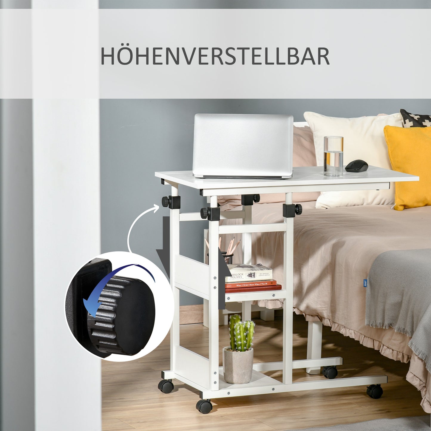 Zijtafeltje – Bijzettafel – Nachtkastje – Serveerwagen – Mobiel Tafeltje – Verstelbare Hoogte 72-82 cm – Metalen Frame Met 2 Opbergrekken