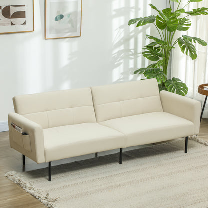 Bankbed – Slaapbank – Bedbank – Zetelbed – Logeerbed – 3-Zits – Verstelbare Rugleuning – Beige Linnenstof – Click-Clack Mechanisme – Zijvakjes