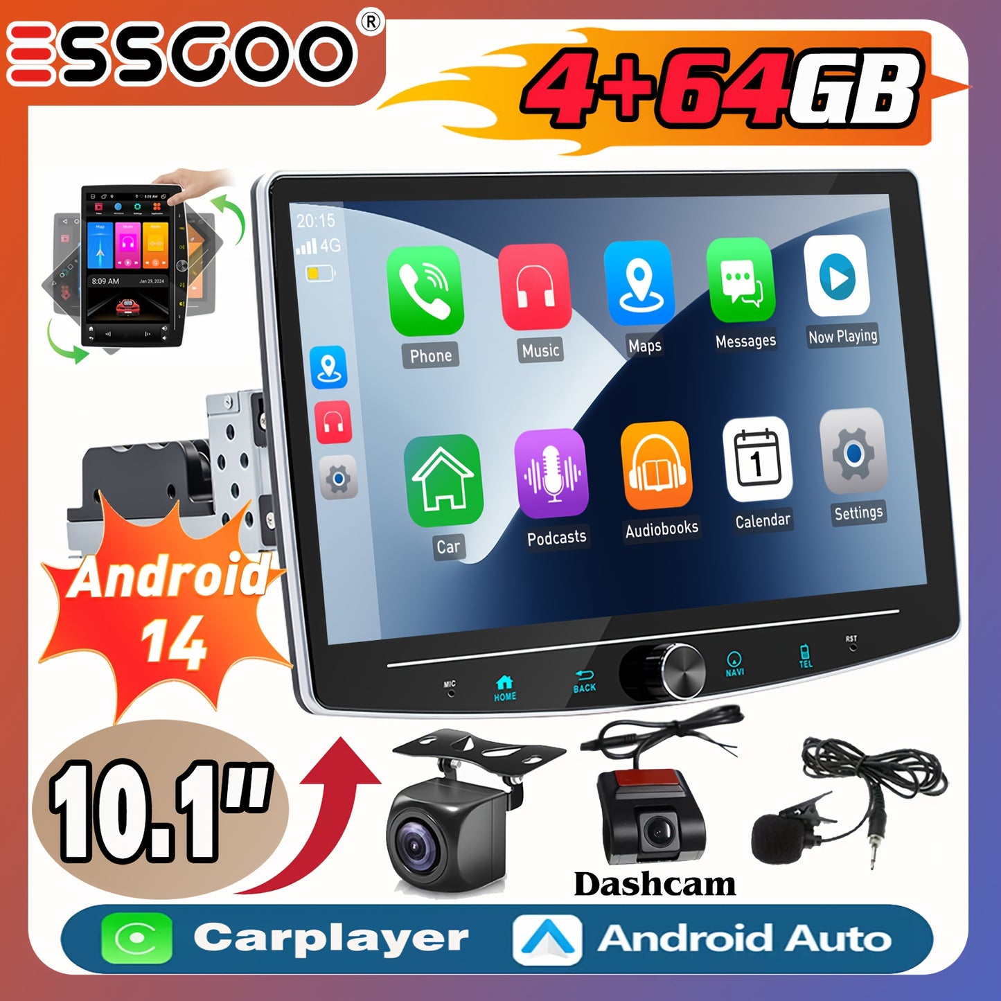 Autosysteem – Auto Multimedia Speler – Draaibaar Scherm – Car Stereo – Multimedia Head Unit – 10,1 Inch IPS Touchscreen – AHD Achteruitrijcamera & Microfoon