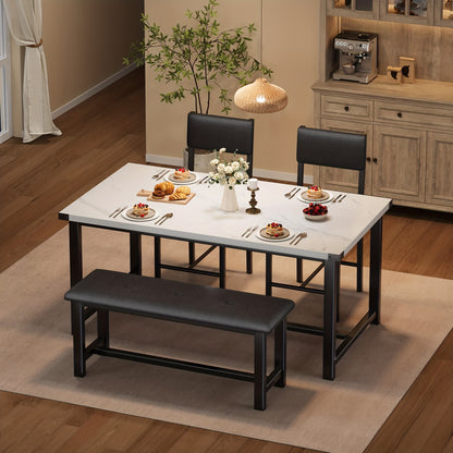 Eettafelset – Eetkamerset – Keukentafelset – Zitgroep – Meubelset – Rechthoekig Houten Tafelblad – 4 Personen Met Bank En Gestoffeerde Stoelen – Wit Marmerlook – Compact Voor Kleine Ruimtes