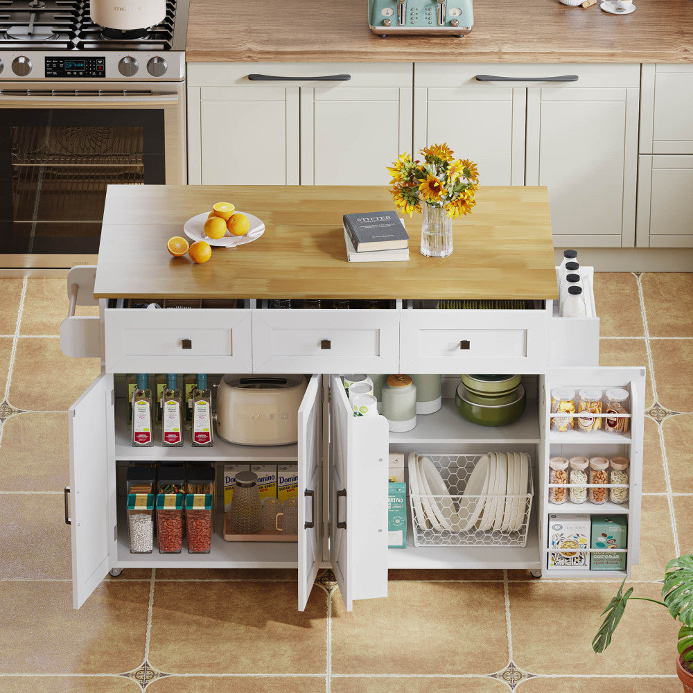 Large Mobile Kitchen Island with Fold-Down Worktop - Heavy-Duty Metal Construction, Lockable Casters, Barn-Style White Finish, 4 Doors, 3 Drawers, Double-Sided Towel Rails & Door Racks - Space-Saving Storage Cabinet for Kitch
