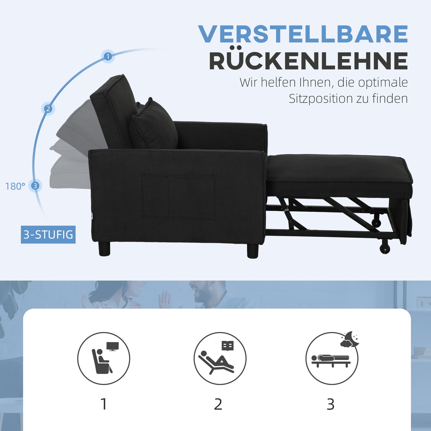 Slaapstoel – Slaapbank – Logeerbed – Slaapfauteuil – Vouwbed – Verstelbare Rugleuning – Cordstof Bekleding – Met Wieltjes en Zijvak – Blauw